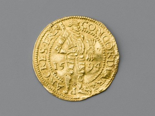 Gouden dukaat 1594 van Friesland, met afbeelding van staande ridder met 4 pijlen in bundel